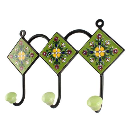 Light Forest Green Ceramic Floral Tile Hook